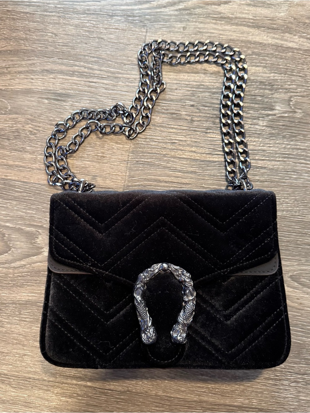 textured velvet designer inspired antique silver mermaid clasp chain strap bag
